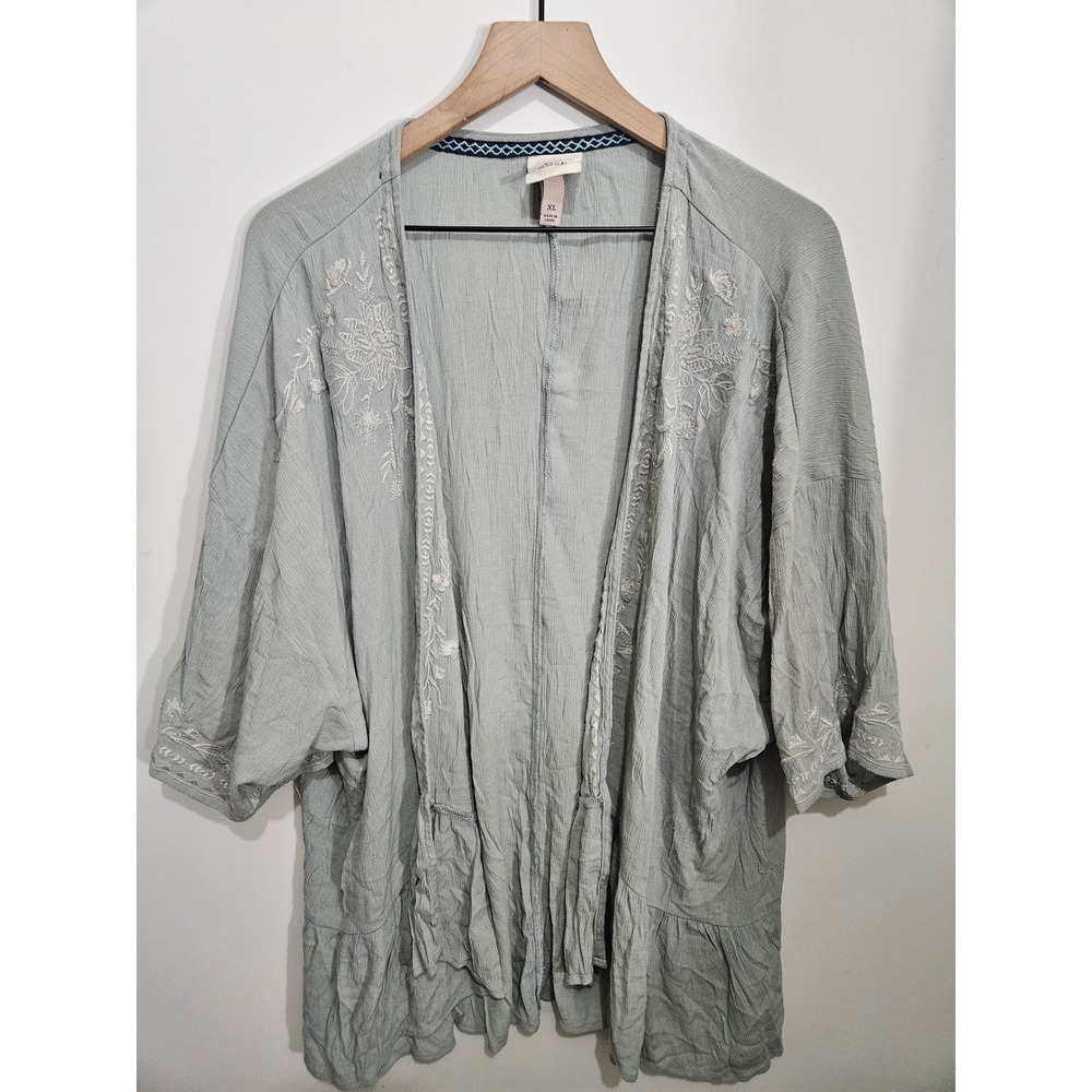 Knox Rose Sage Green Embroidered Kimono Cardigan XL Boho Open Front Layer